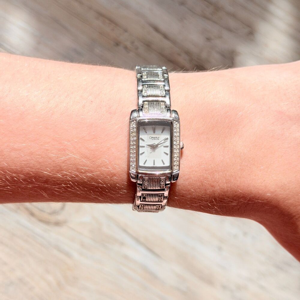 Bulova Silver Tone Rhinestone Rectangle Watch Dainty Y2K C837433 Cocktail
